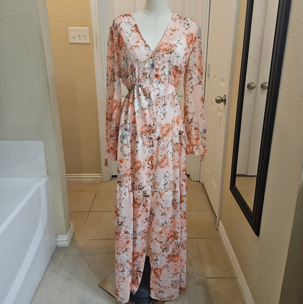 Floral Pink Long Sleeve Maxi Dress - Picture 5 of 12